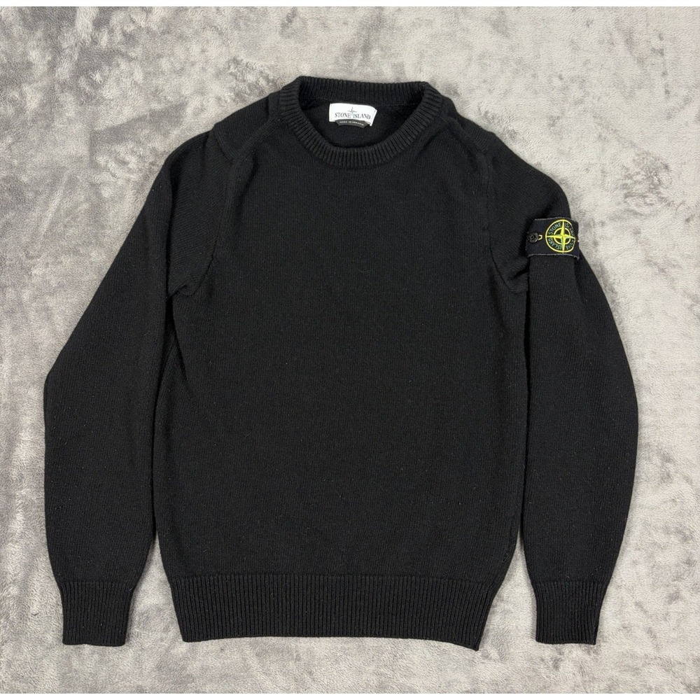 STONE‎ ISLAND Black Cotton Blend Crewneck Logo Arm Patch Sweater Size Small